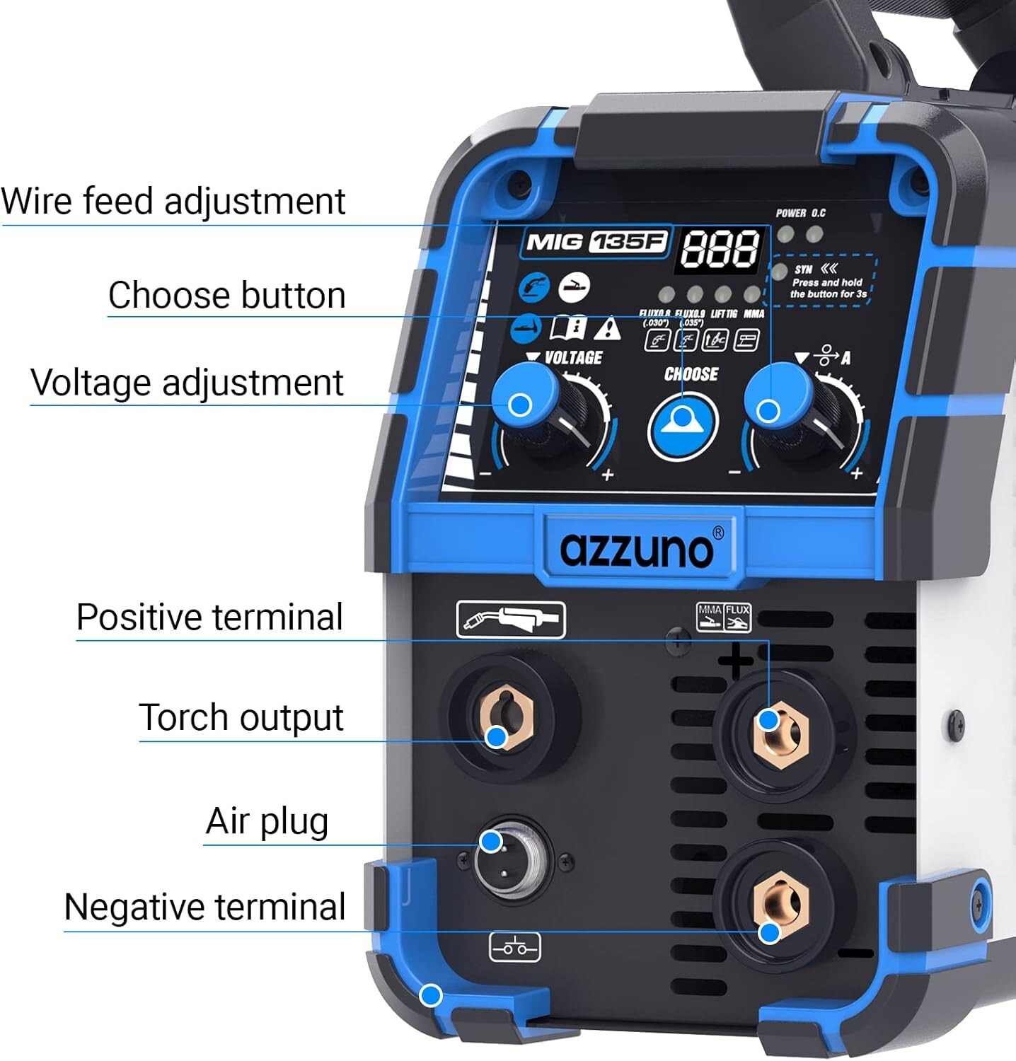 AZZUNO 135A MIG Welder 110V Flux MIG/Lift TIG/Stick 3 in1 IGBT Welding Machine