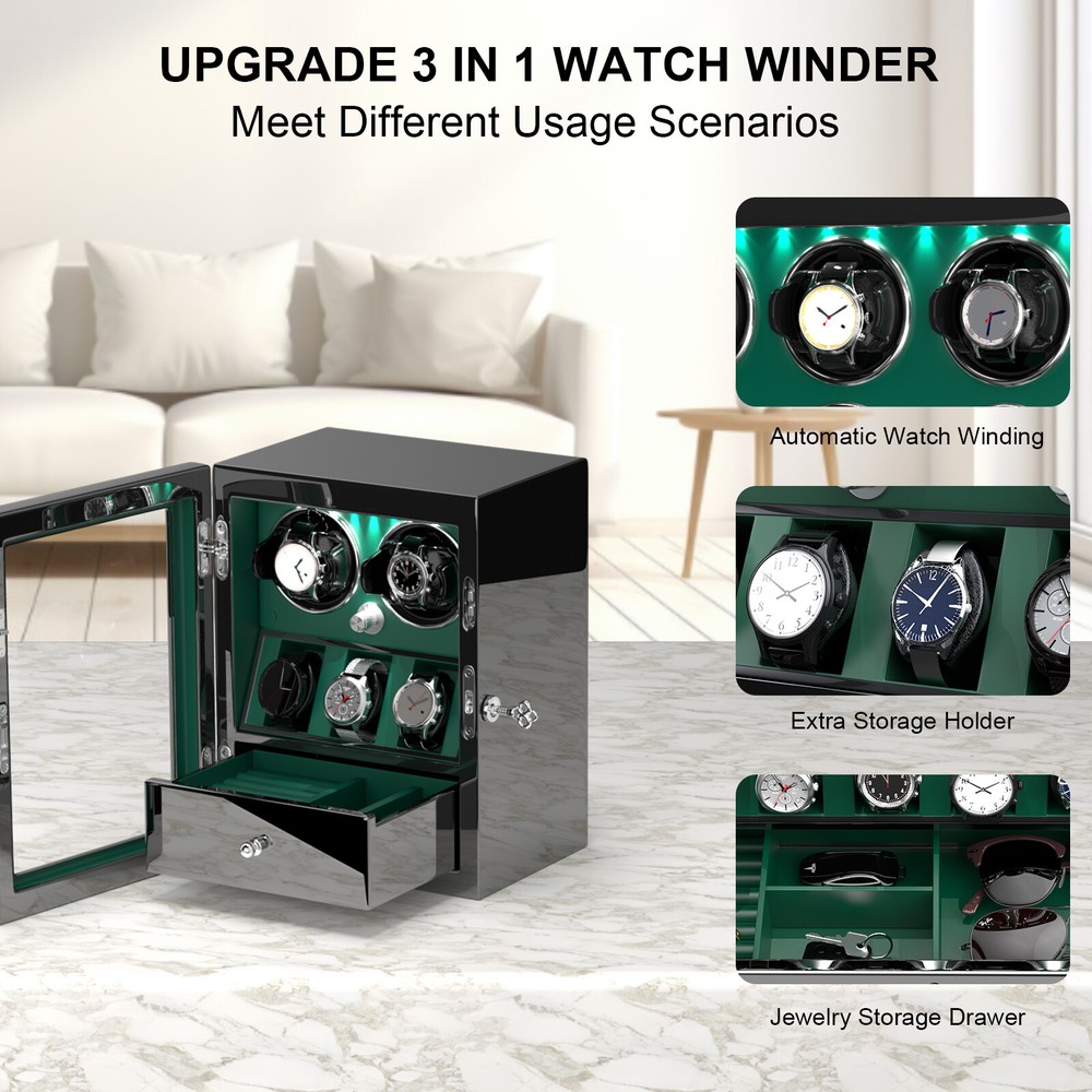 DUKWIN Automatic 2 Watch Winder With 3 Watch Display Storage Box With LED Light