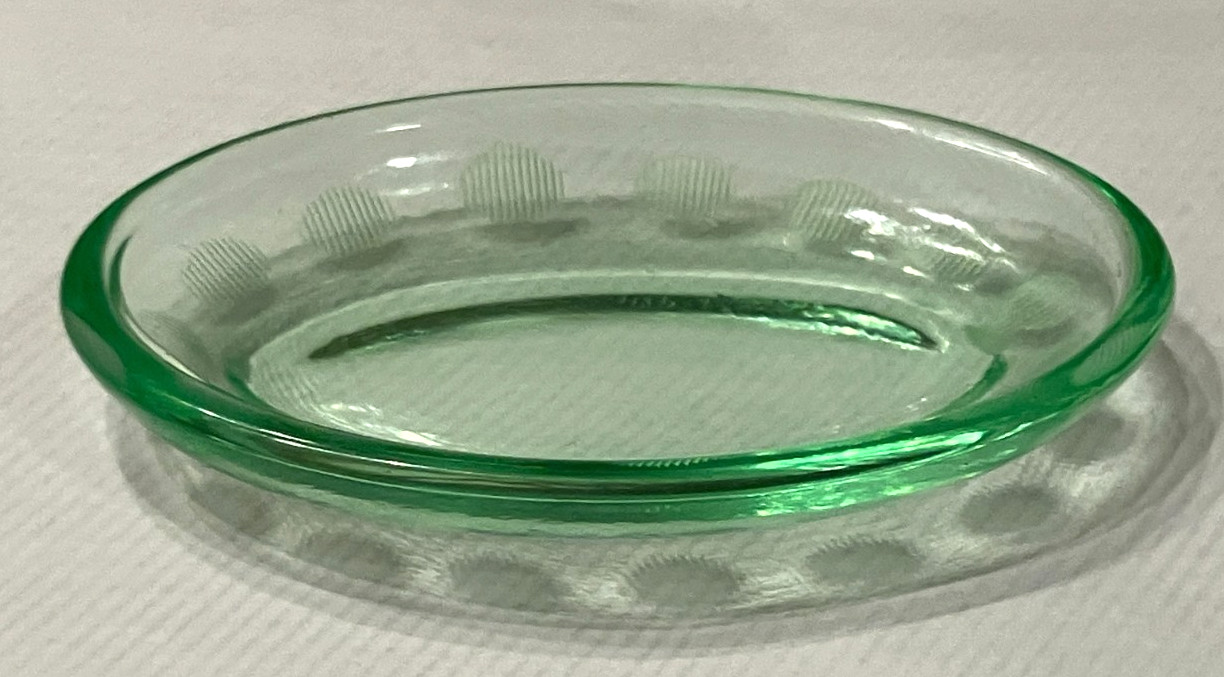 Vintage Green Uranium Cambridge Glass Oval Salt Cellar Salt Dip. Etched Glass