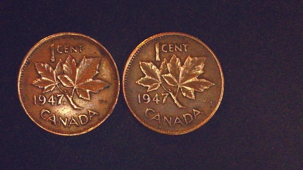 1947 Canada Cent - Maple Leaf and No Leaf Pennies- Good Condition
