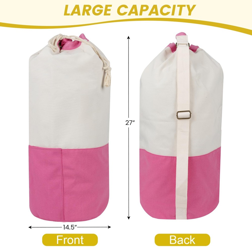 Single-shoulder backpack-style laundry bag with shoulder strap and pockets, m...