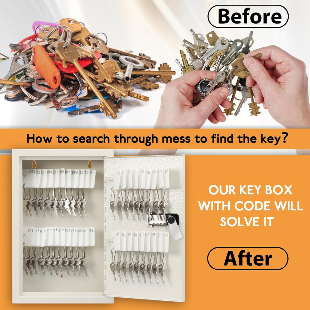 Key Storage Lock Box with Code, Locking Key Cabinet, 40 Key Holder Wall Mount wi