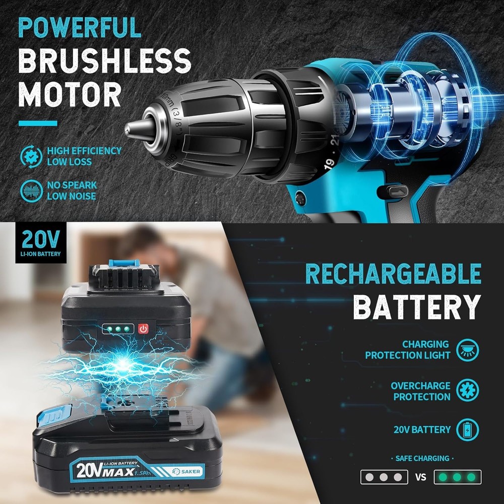 Saker Cordless Electric Drill Set High Performance 2 Variable Speeds 20V K2