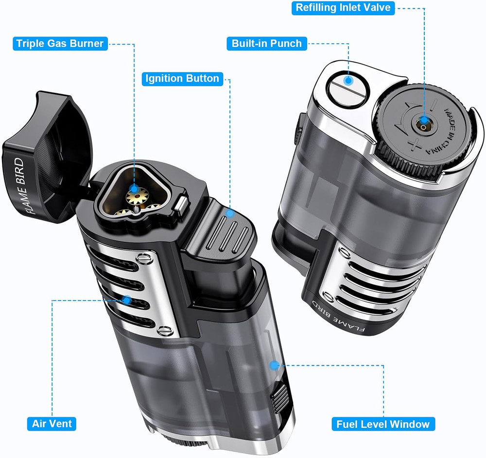Torch Lighter Butane Refillable Triple Jet Flame Torch Lighters, Windproof Adjus