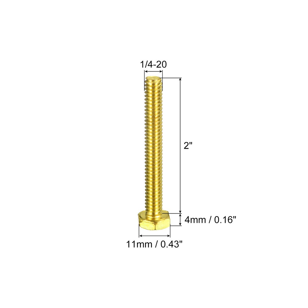 Brass Hex Bolts, 1/4-20x2" 5pcs Fully Thread Grade 4.8 Machine Screws