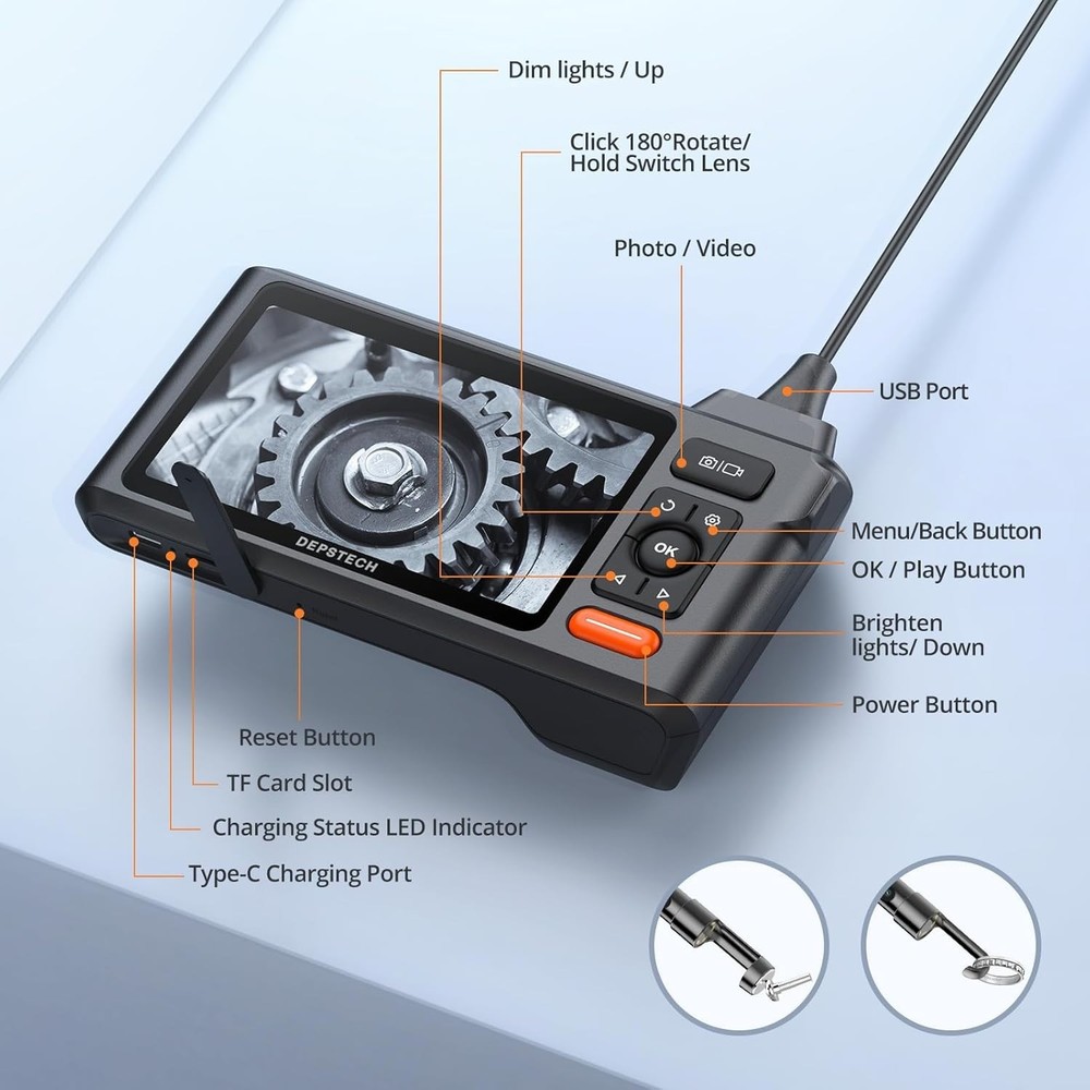 Triple Lens Endoscope Camera with Light with 50FT Semi-Rigid Cable, 5" IPS Sc...