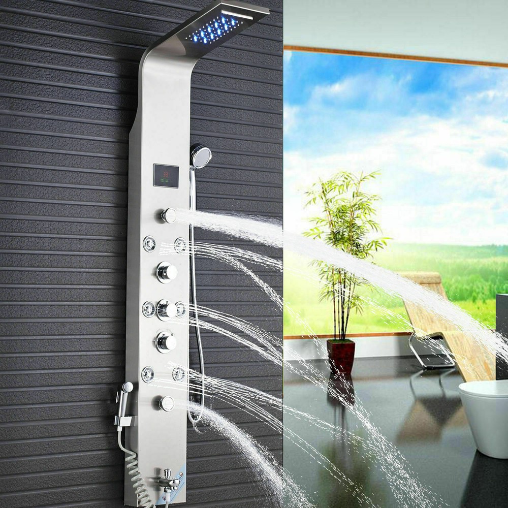 Shower Panel Tower System LED Rainfall&Waterfall Head Massage Stainless Body Jet