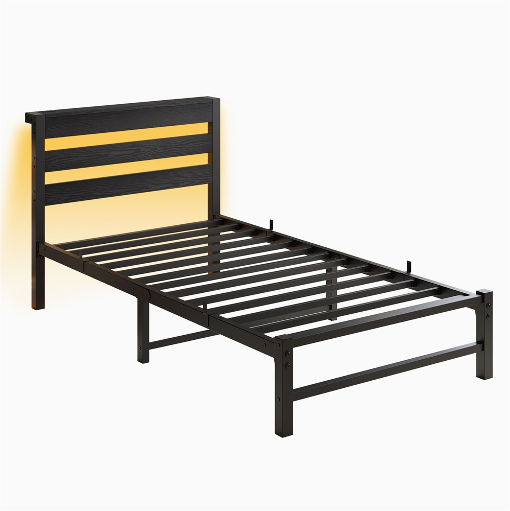 Twin Size Bed Frame Metal Platform Bed with LED Lights & Charging Station
