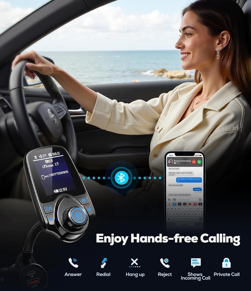 Bluetooth Car Adapter with Color Screen, Dual Fast Charging