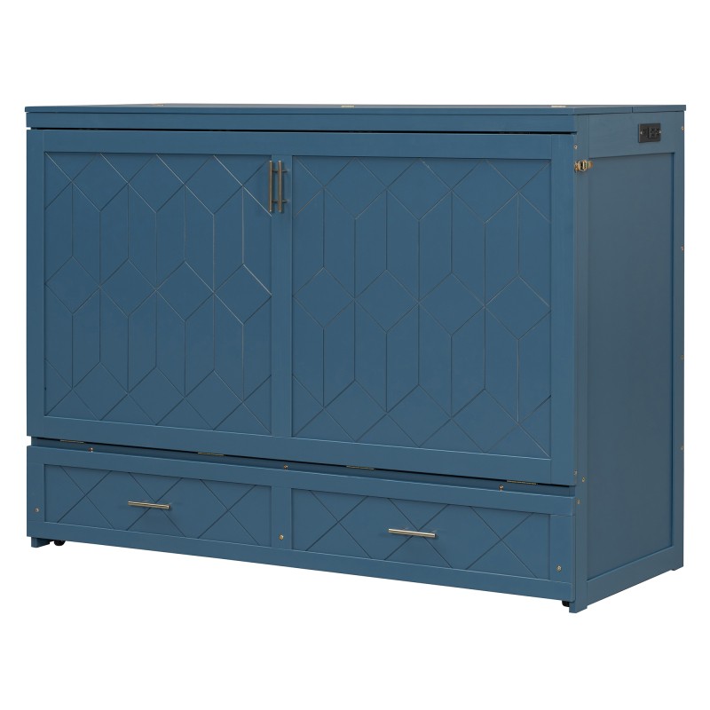 Queen Size Murphy Wall Bed Space Saving Cabinet with Drawer USB Sockets Navy Blu