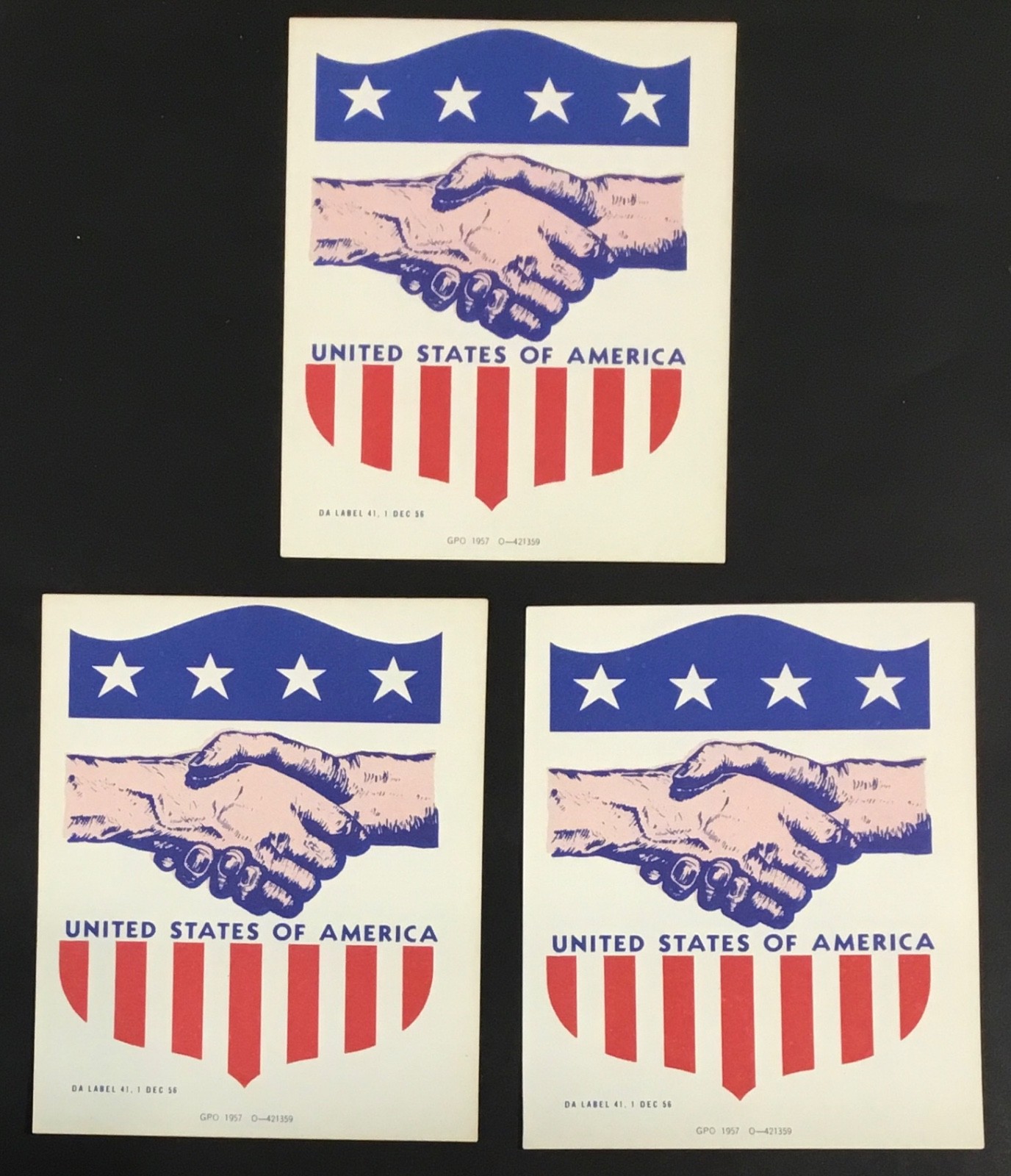 3 unused USAID 1957 stickers UNITED STATES AGENCY for INTERNATIONAL DEVELOPMENT