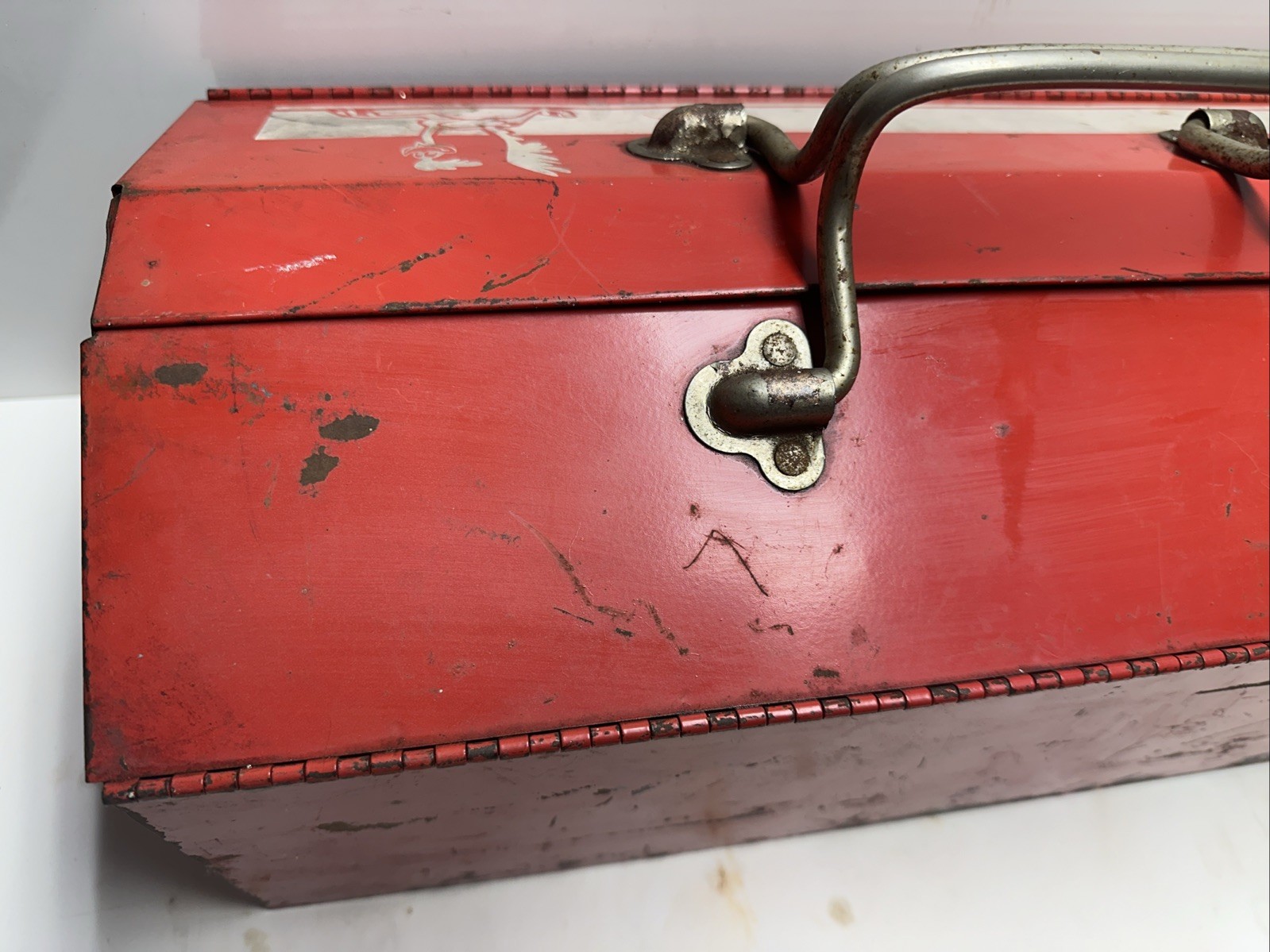 Vintage Metal Tool Box Red with White Road Runner Decal
