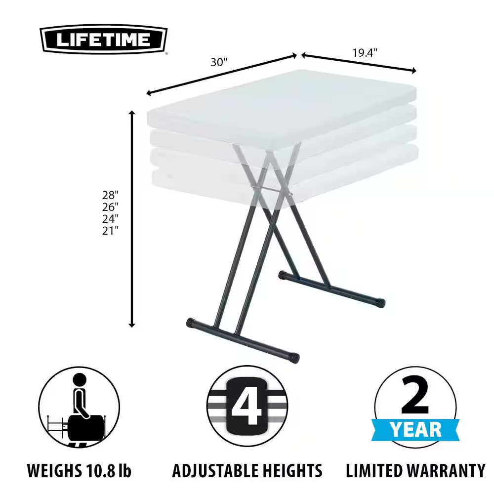 30 In. White Plastic Adjustable Height Folding Utility Table