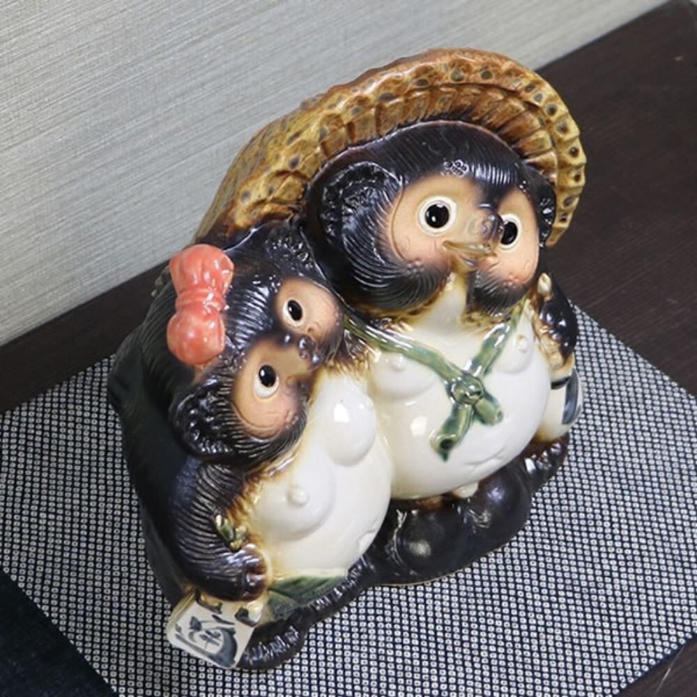 Shigaraki Couple Tanuki Pottery Pair Raccoon Dog Japanese Good Luck Statue NEW