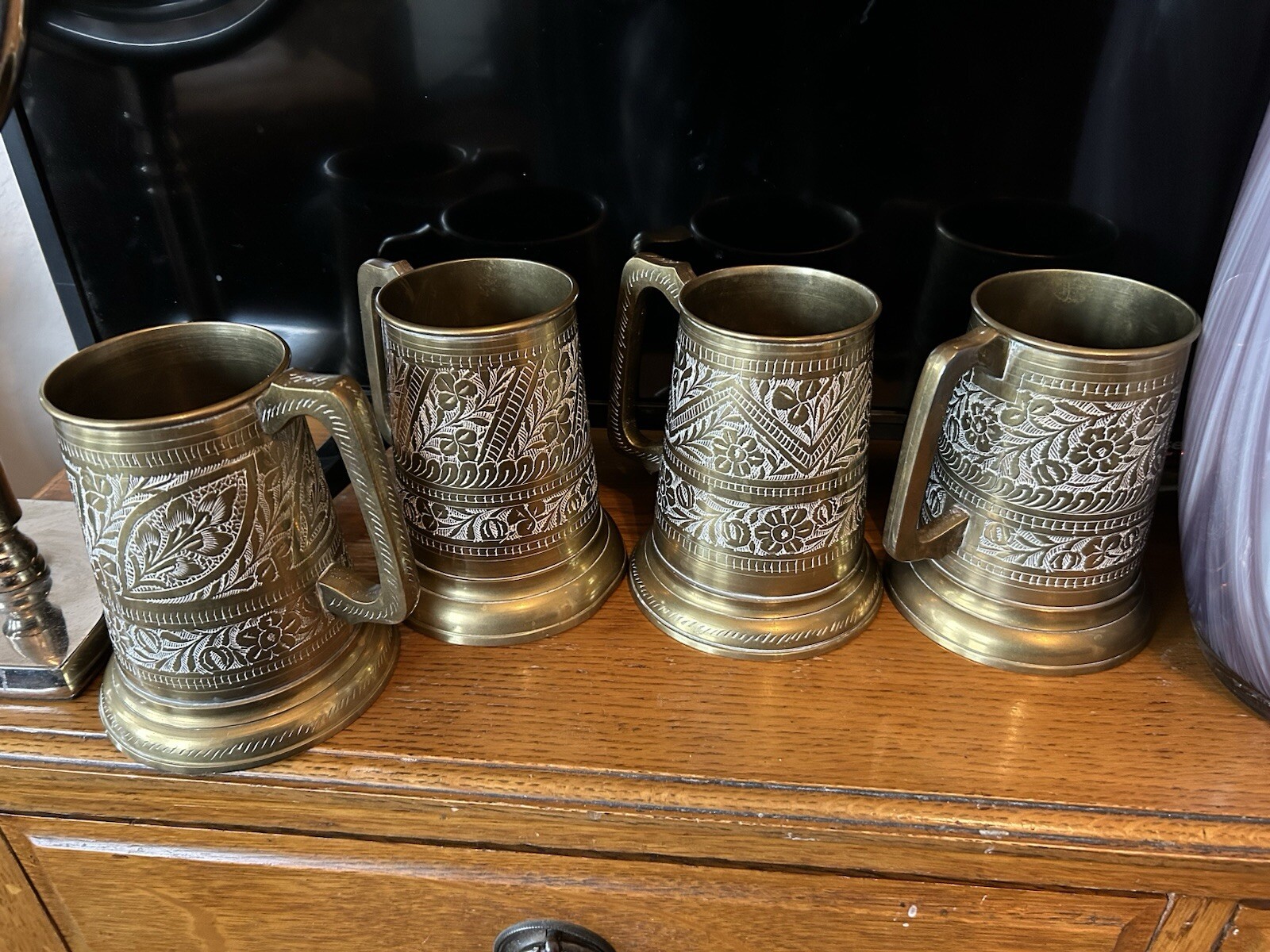 Set Of Four Vintage Hand Etched Copper/Brass Beer Mugs Glass Bases - Pakistan