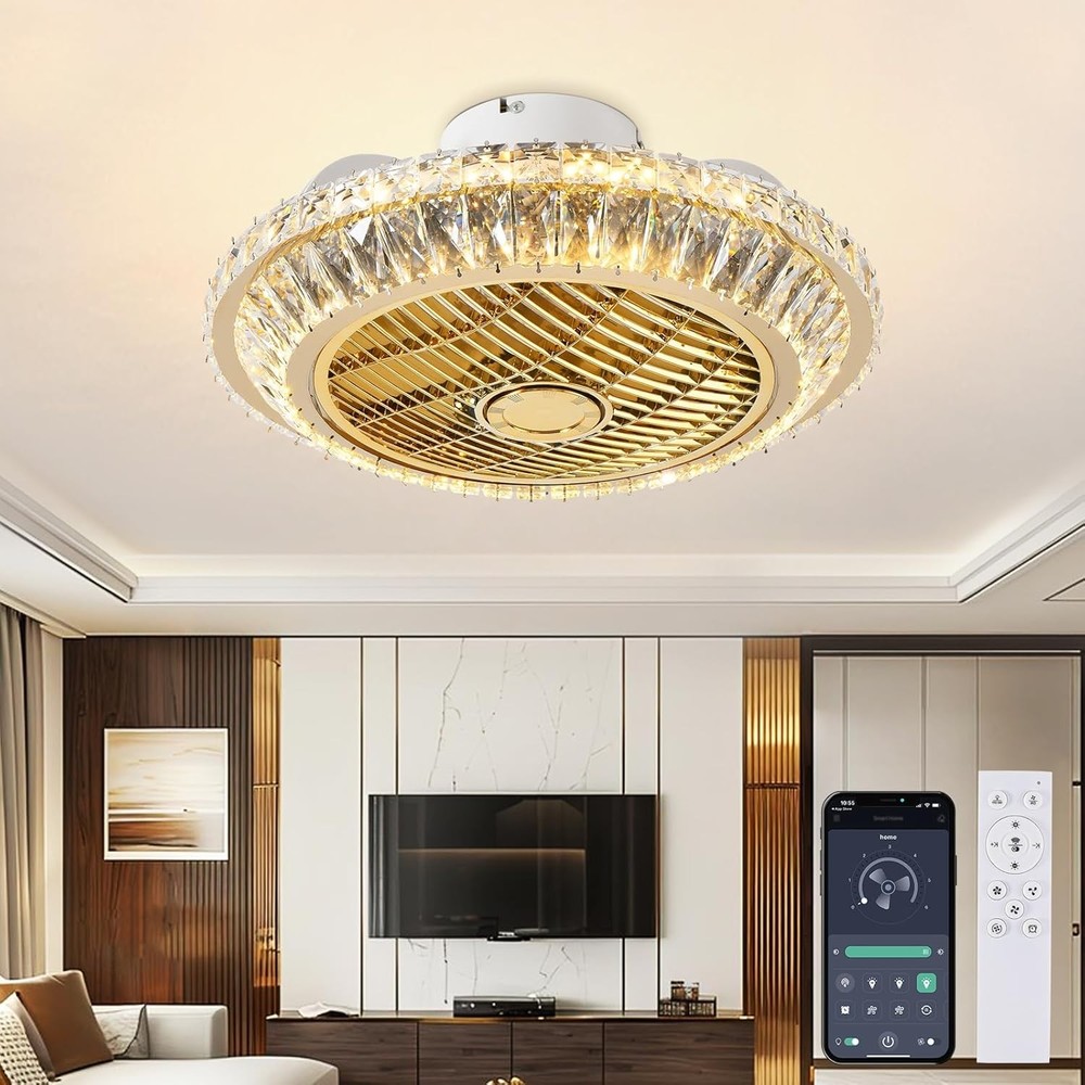 Circulation Crystal Ceiling Fan with Dimmable Light 72W Remote Control Modern
