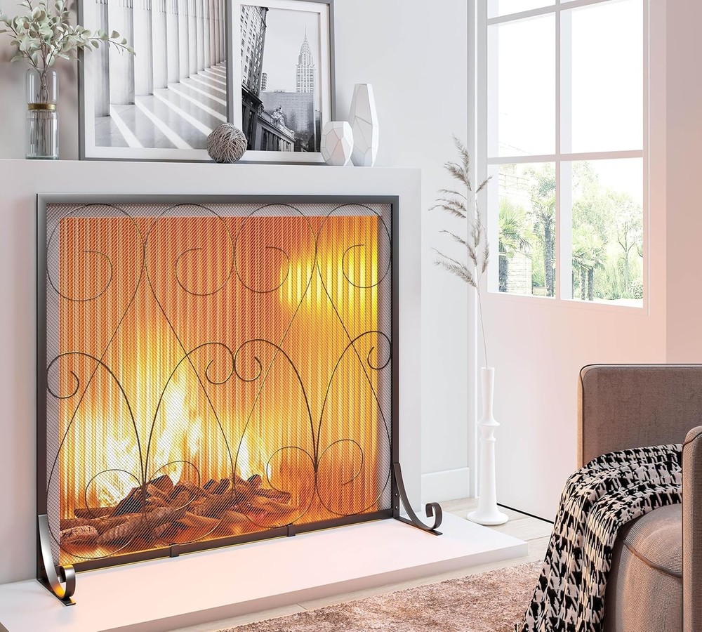 Single Panel Handcrafted Wrought Iron Symmetric Scroll Flat Fireplace Screen