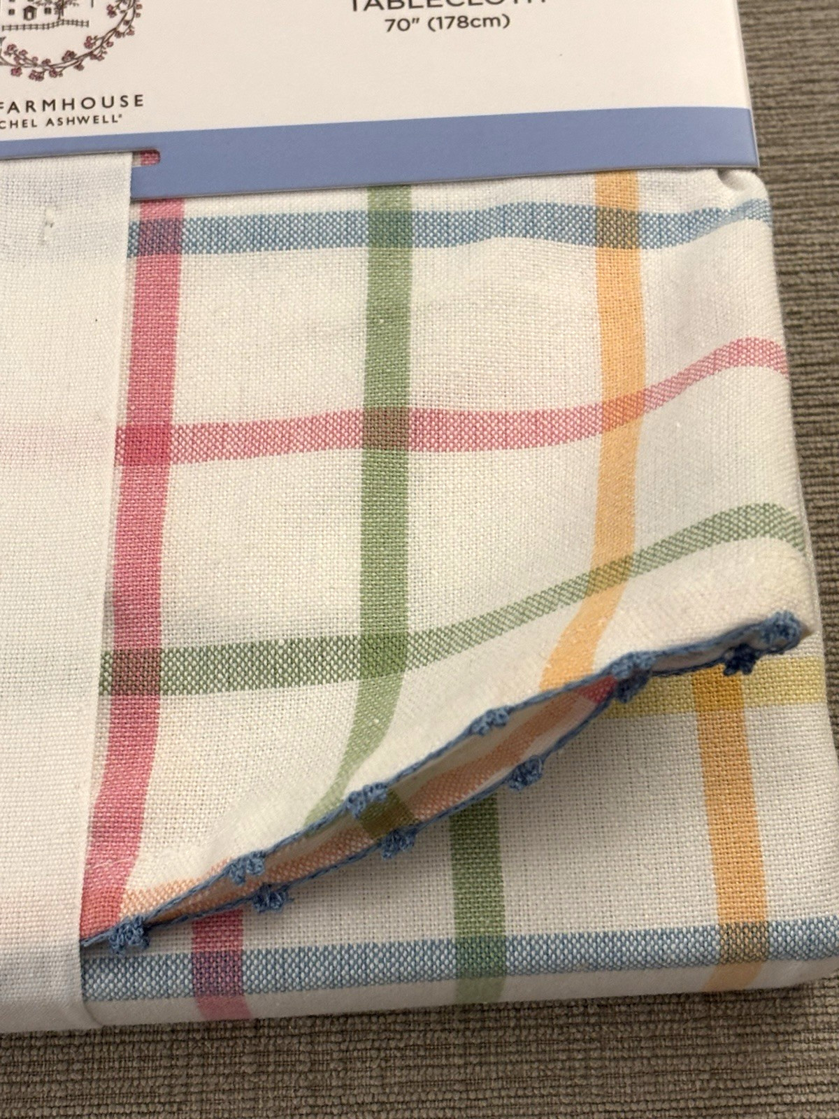 7pc Rachel Ashwell Farmhouse Pastel Plaid Round Tablecloth & Napkins - NWT