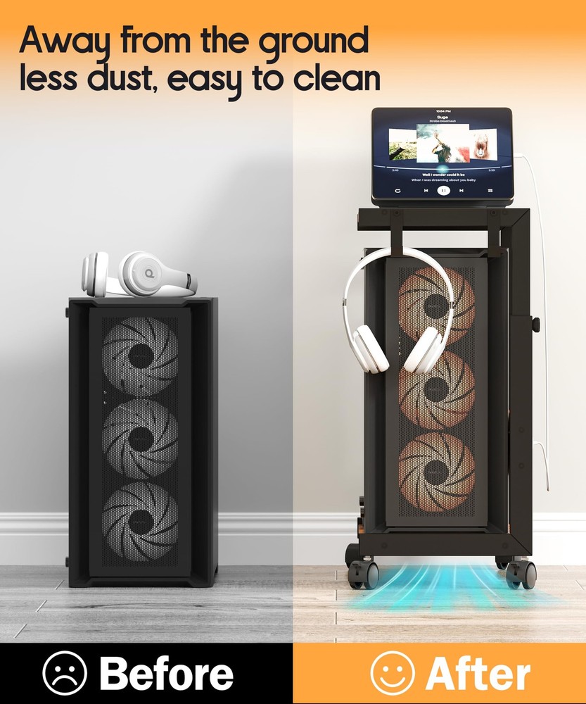 Height Adjustable Computer Tower Stand with Charging Station, 2 Tier Mobile F...