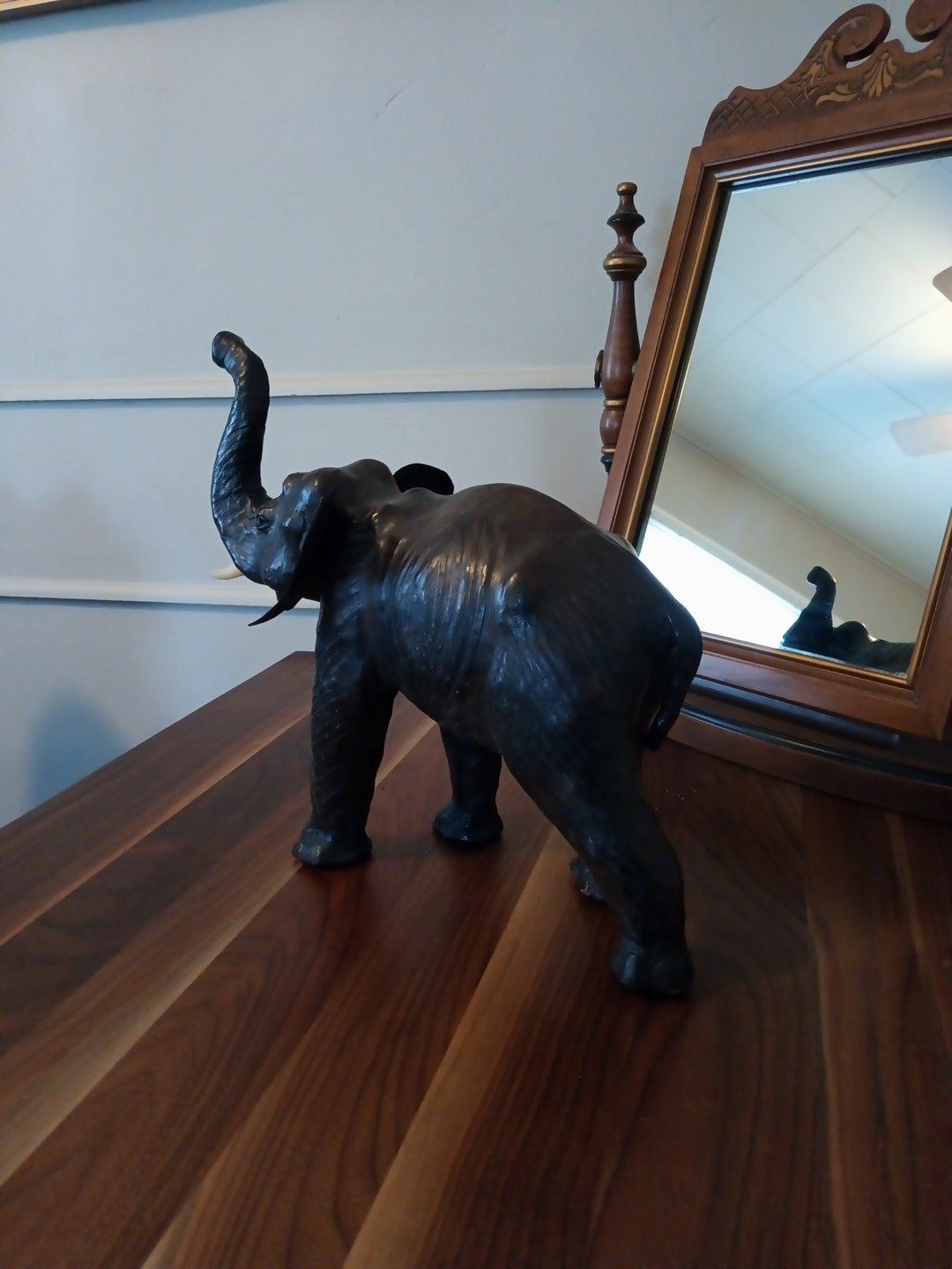 Elephant Large Leather 13" Brown Roaring Elephant Vintage Art Statue Lucky