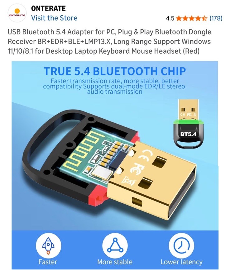 ONTERATE WIRELESS USB BLUETOOTH ADAPTER New 5.4 Chip