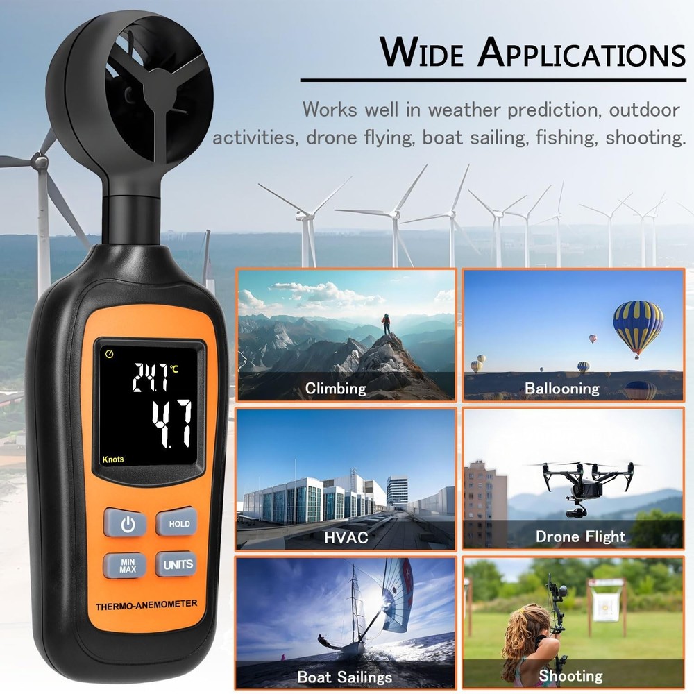Compact Digital Anemometer for Sports, HVAC, & Drone Flying - Backlit Display