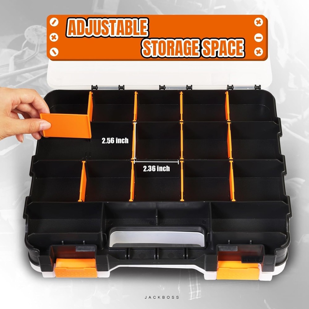 2 Pack Double Side Tool Box, 34-Compartments for Hardware, Screws, Bolts, Nails