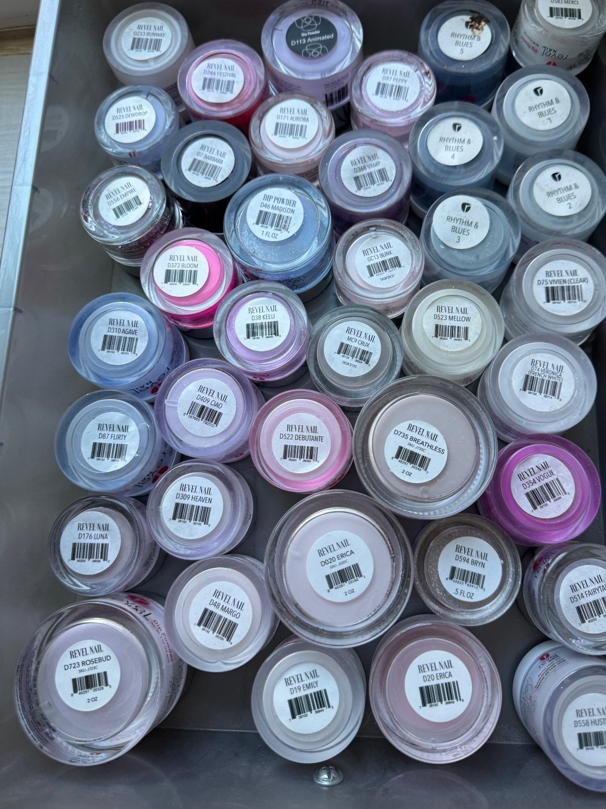 Revel Nail Dip Powders Over 70 .5 Assorted Jars Mostly Full.