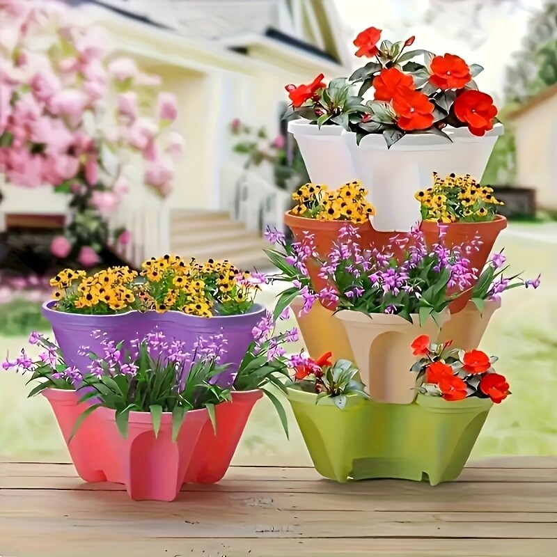 5-Tier Stackable Planters Vertical Planter Garden Flower Pot w/ Wheel Yard Decor