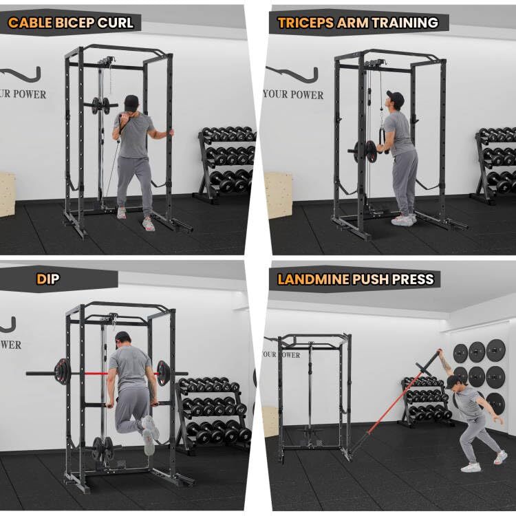 Power Cage ,Multi-Functional Power Rack w/Pulley System ,J-Hooks Dip Bar Workout