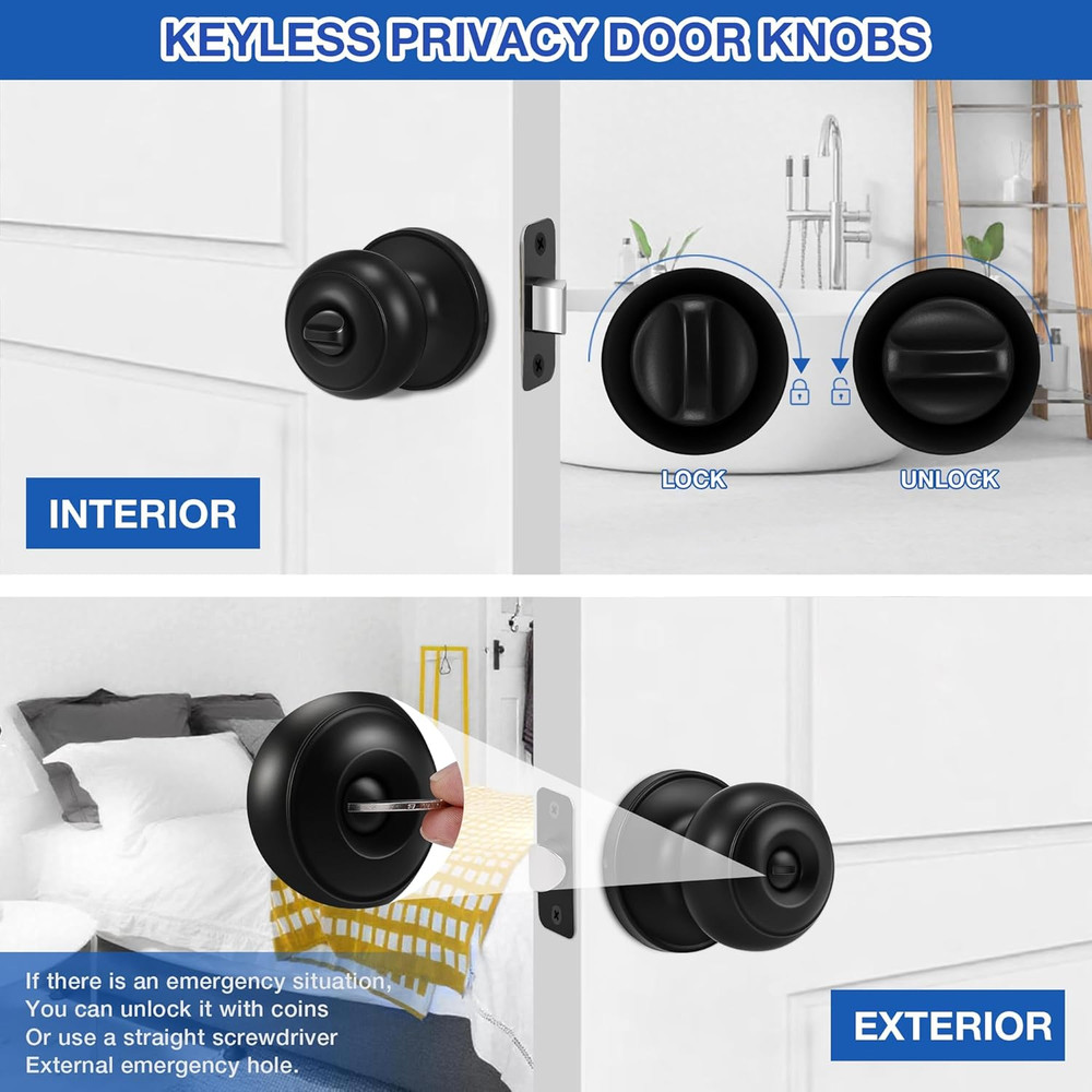 8-Pack Matte Black Interior Door Knobs – Round Ball Privacy Knobs with Lock