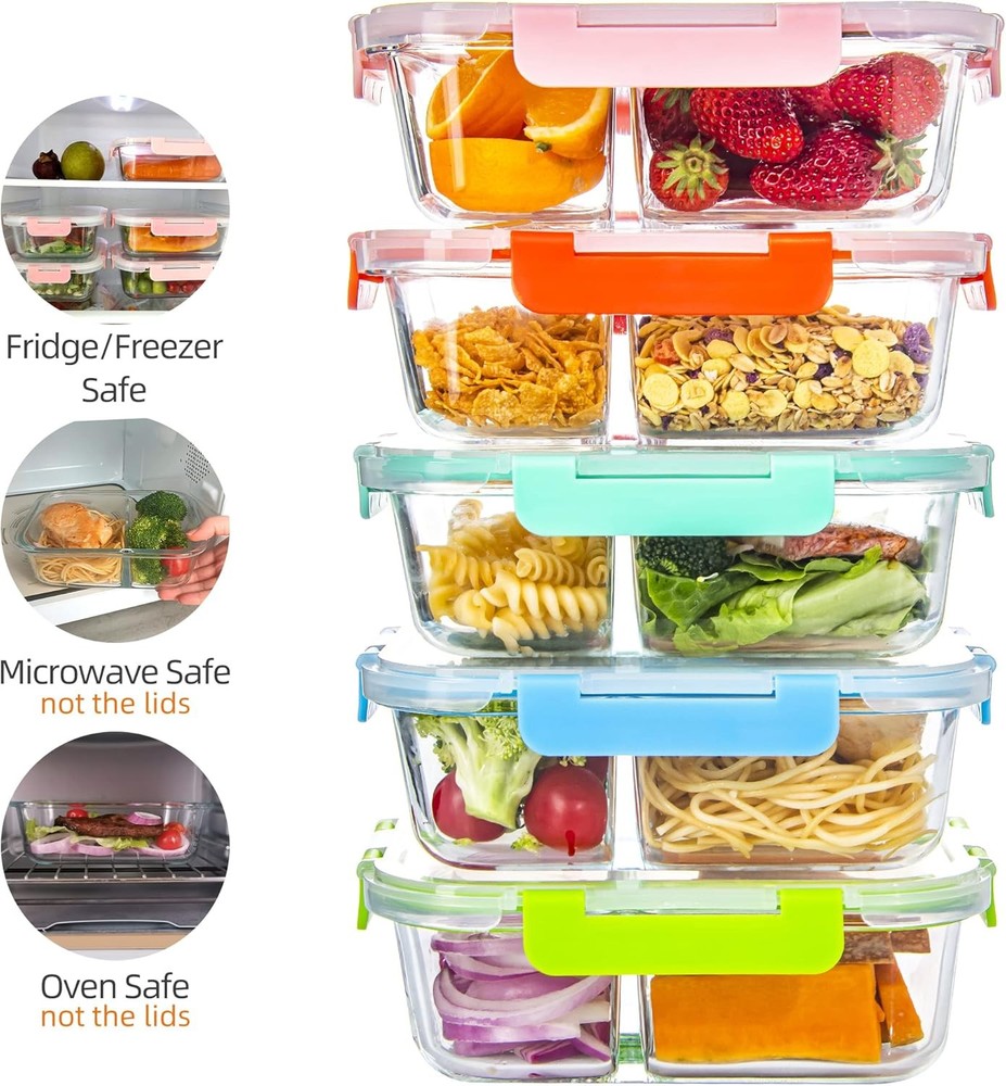 Glass Meal Prep Containers 2 Compartment with Lids (5 Mixed, 2