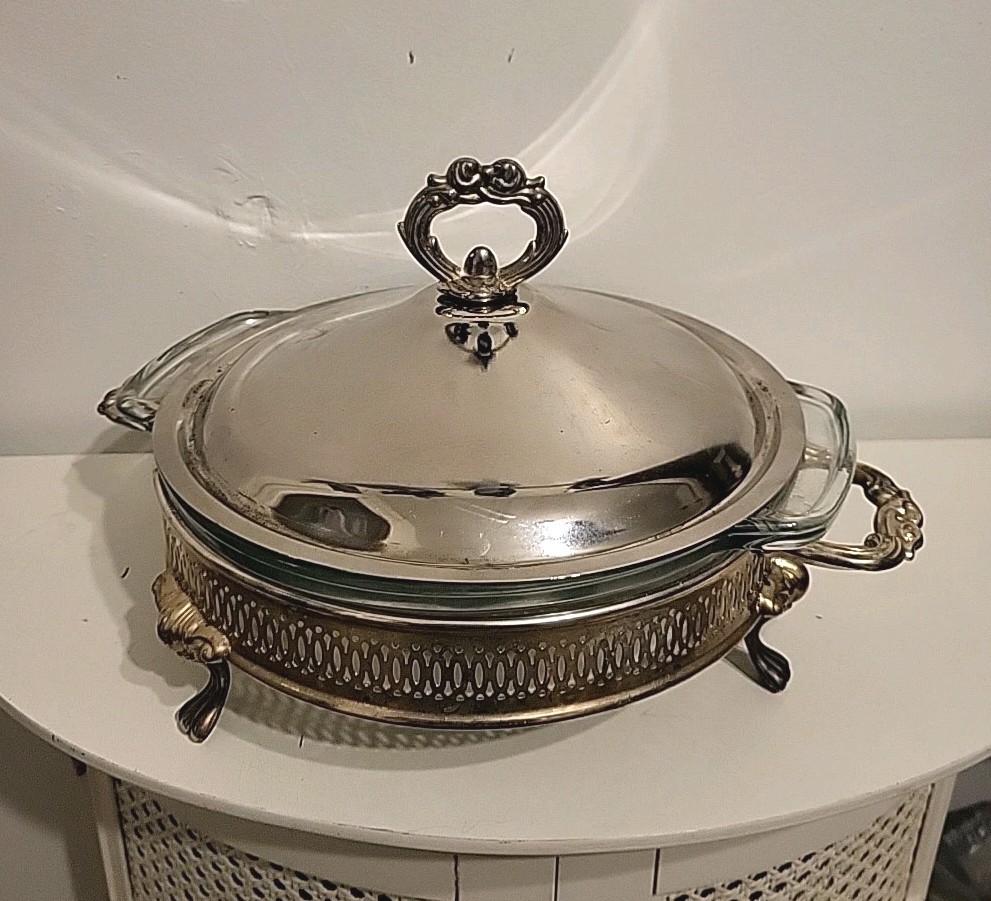 VTG Covered Casserole & Silver Plate 10" Glass Baking Dish Elegant Serving Set