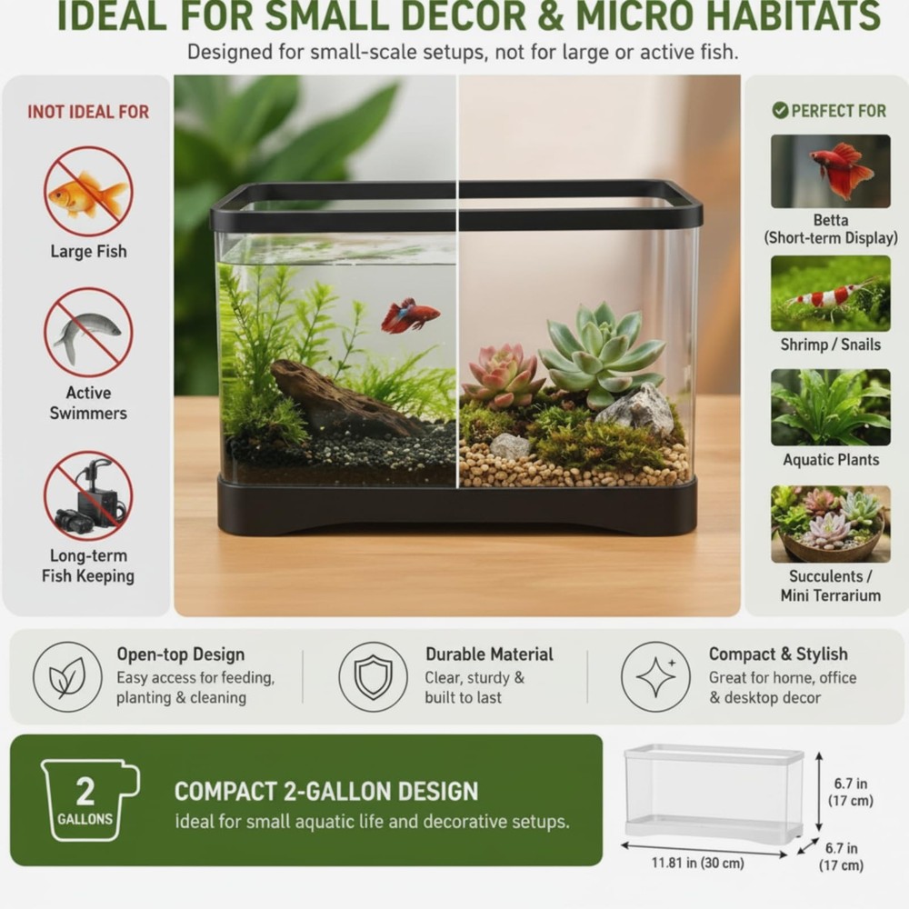 2 Gallon Plastic Rectangular Fish Tank, Aquarium for Betta Fish Reptiles Succ...