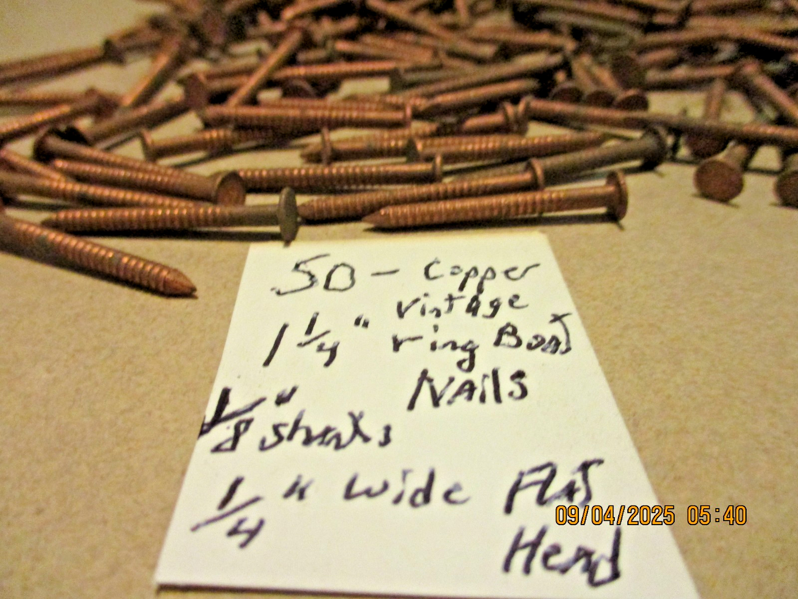 50--VINTAGE COPPER RIBBED BOAT NAILS 1 1/4” LONG X 1/8" SHANK & 1/4” WIDE HEAD