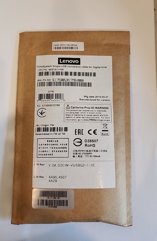 Lenovo 4X97A11109 Thinksystem Single-USB Conversion Cable for Digital KVM