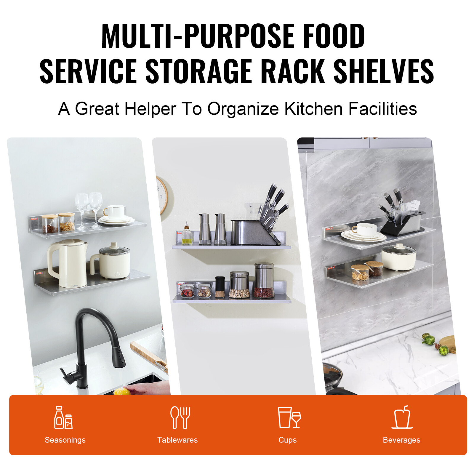 2PCS 24" x 8.6" Stainless Steel Wall Mounted Shelf Kitchen Restaurant Shelving