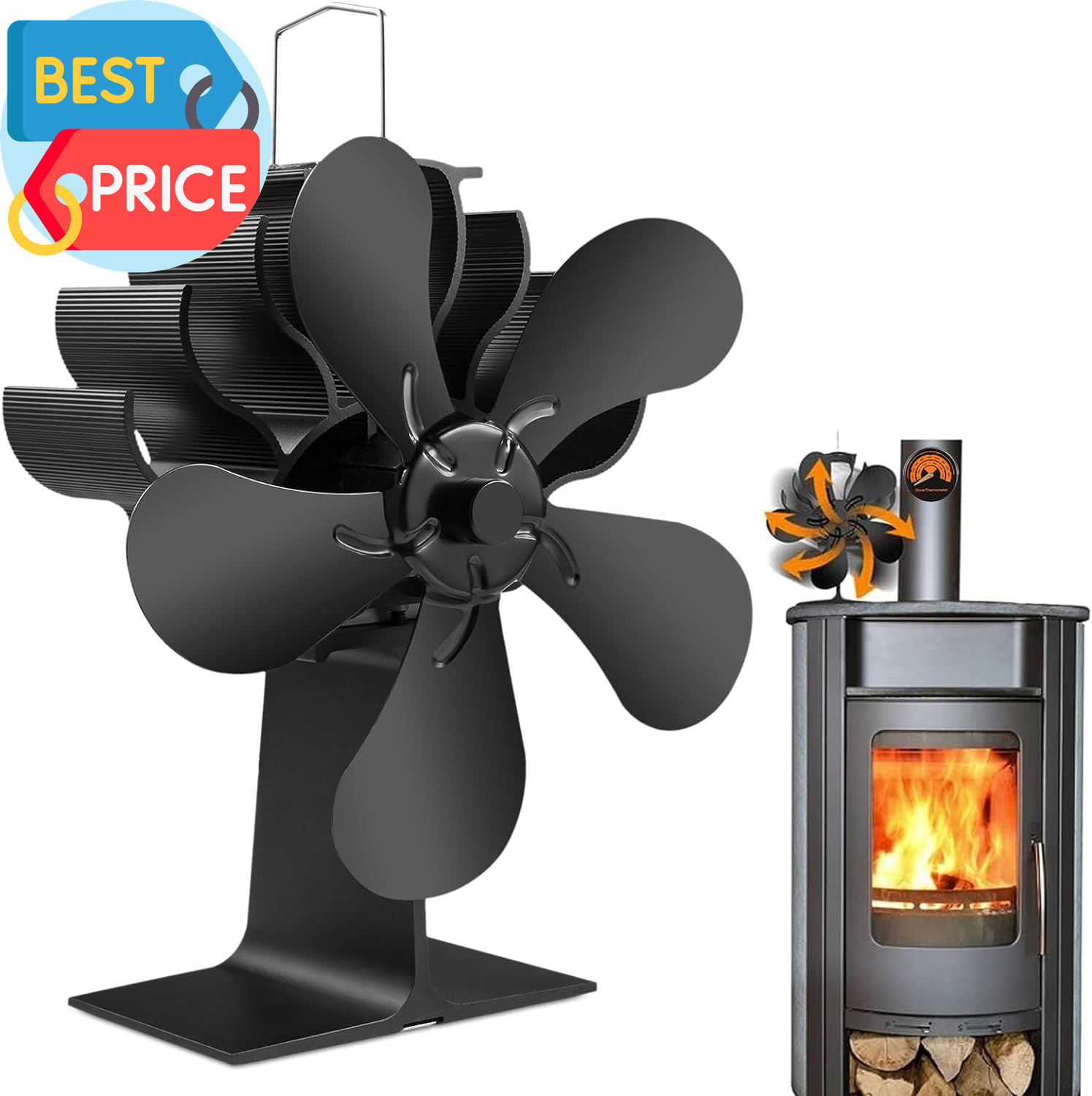 Wood Stove Fan 5 Blades, Heat Powered Fireplace Fans for Wood/Log Burner Stove,