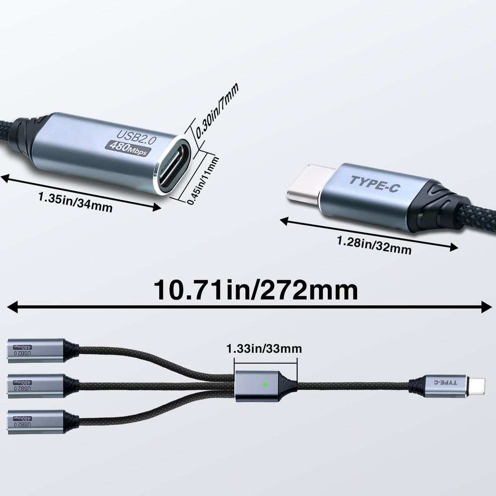 Duttek Multi USB C Splitter Cable, C 1 in 3 Out, Type C Gray