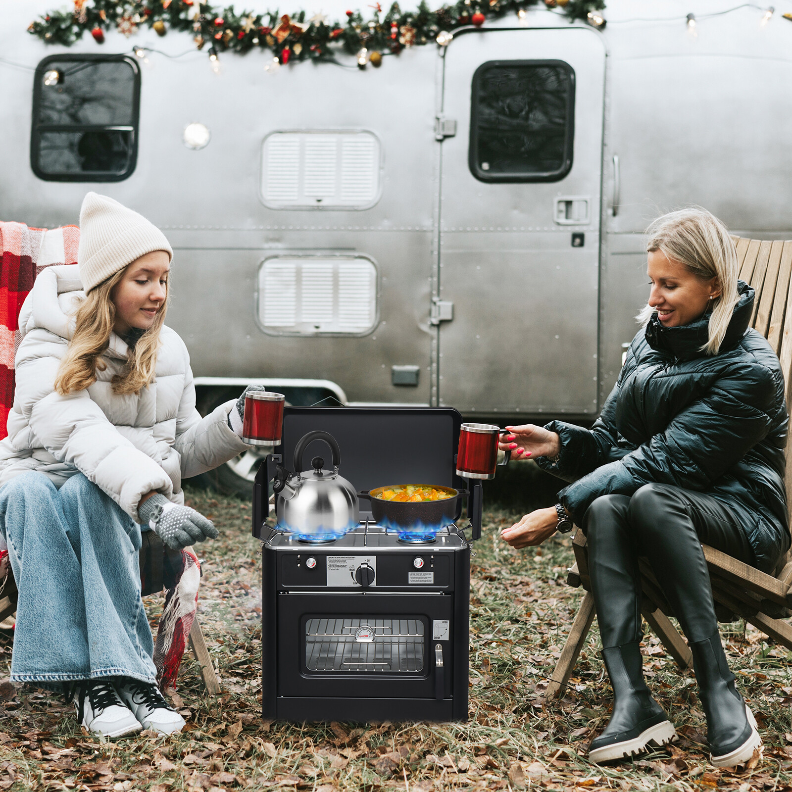 2-in-1 Portable Outdoor Camping 2 Burner Stove Propane Oven with Piezo Lgniter