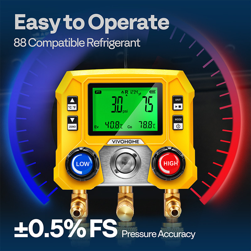 Refrigeration Digital AC Manifold Gauge Set 3 Way HVAC Gauges for R1234yf R134a