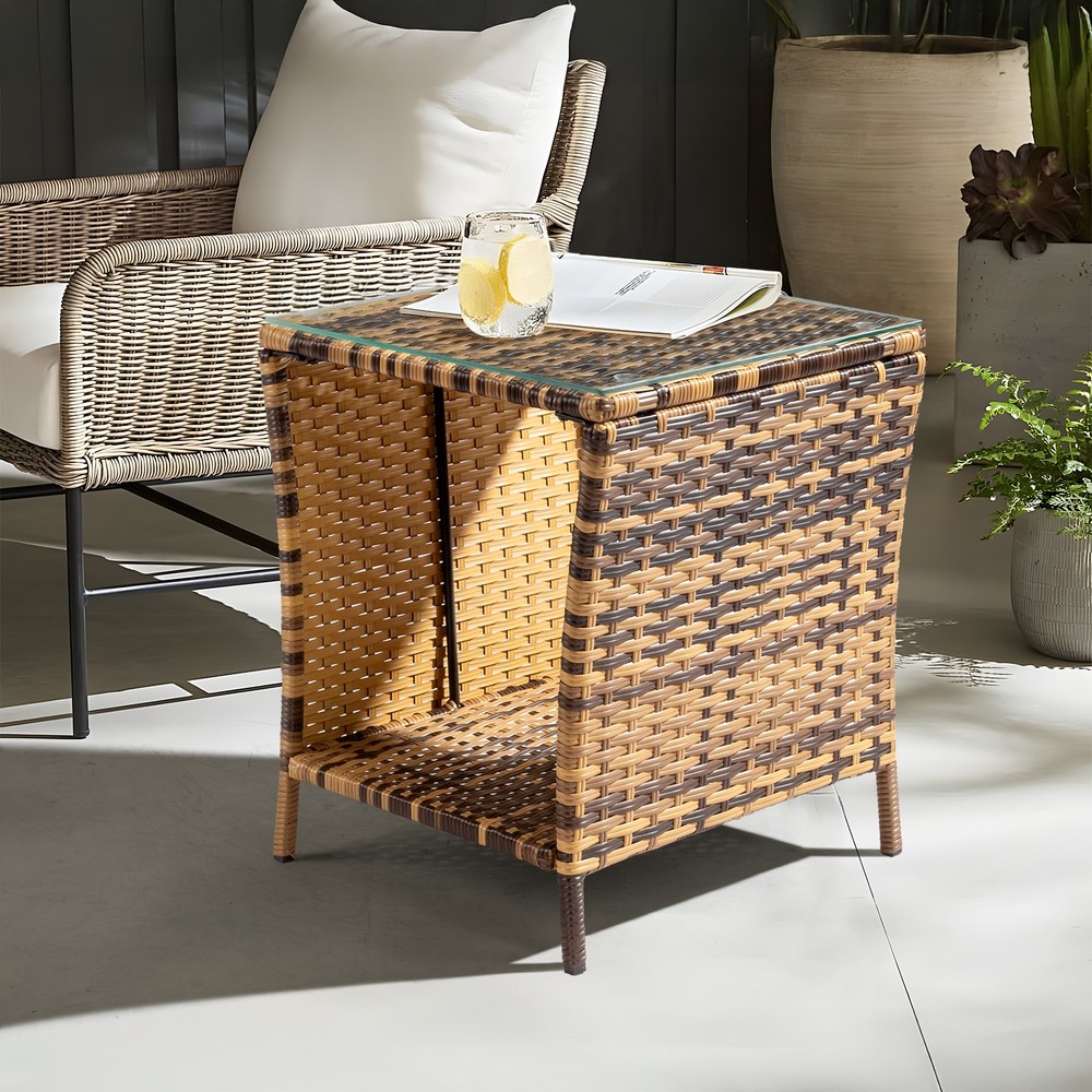 Glass Surface Yellow Gradient Iron Frame Rattan Side Table