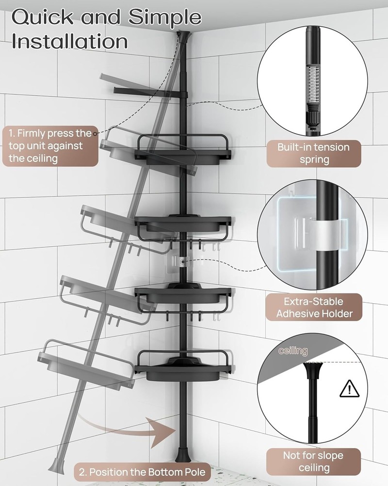 Corner Shower Caddy Tension Pole, Extendable Rustproof Stainless Steel Pole &...