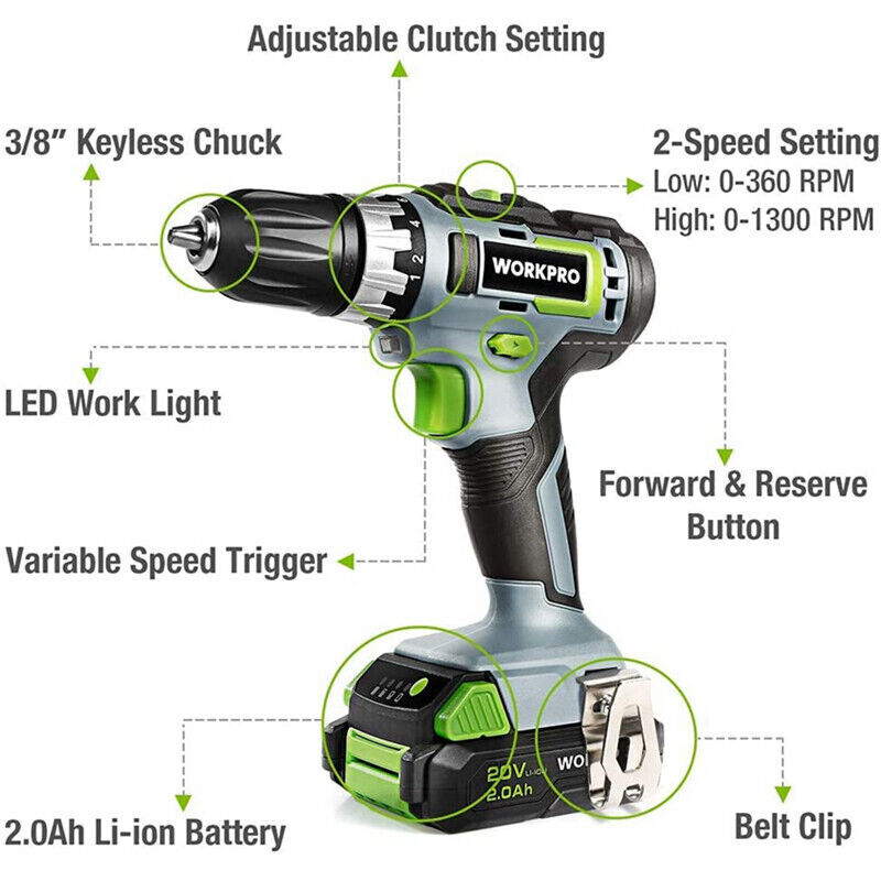 WORKPRO 20V Cordless Drill/Driver Kit 3/8" 18+2 Torque Setting Variable Speed US