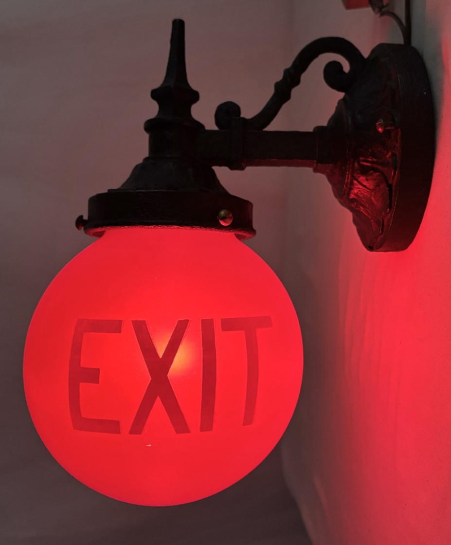 Vtg Exit Glass Light Globe Wall Sconce Cast Iron Fixture Art Deco Shade USA #L61