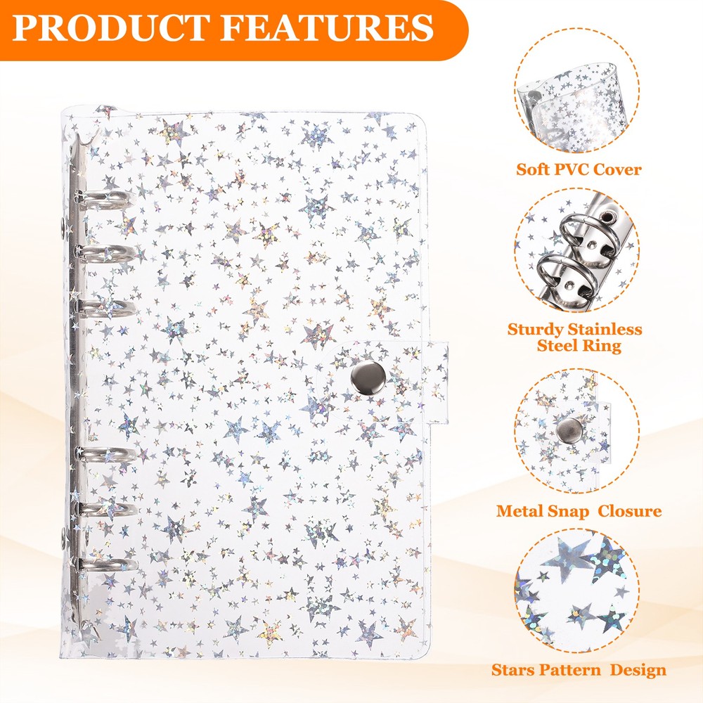 A6 Binder Cover, Stars Refillable Notebook Shell with Snap Button, Clear