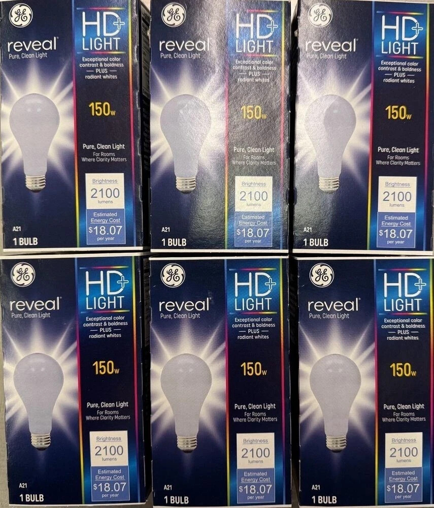6 GE Reveal HD+ Light 150W Frosted A21 Light Bulbs w/Medium Base