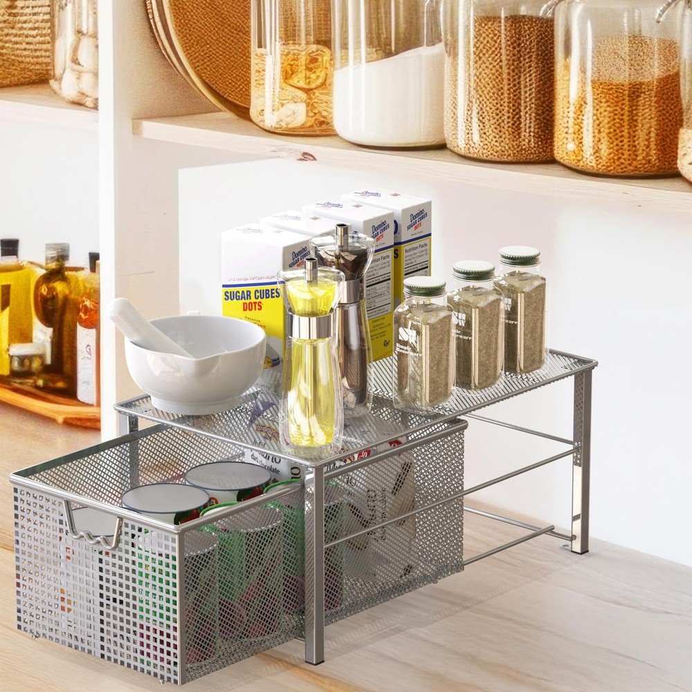 Deco Brothers Stackable Pull Out Cabinet Sliding Basket with Dividers, Large,