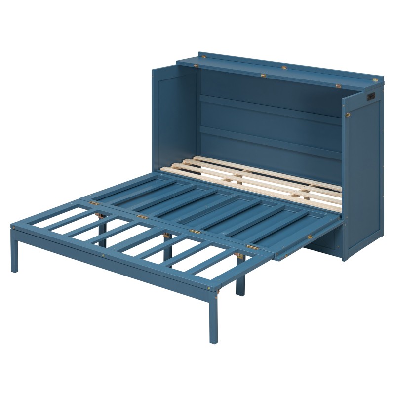 Queen Size Murphy Wall Bed Space Saving Cabinet with Drawer USB Sockets Navy Blu