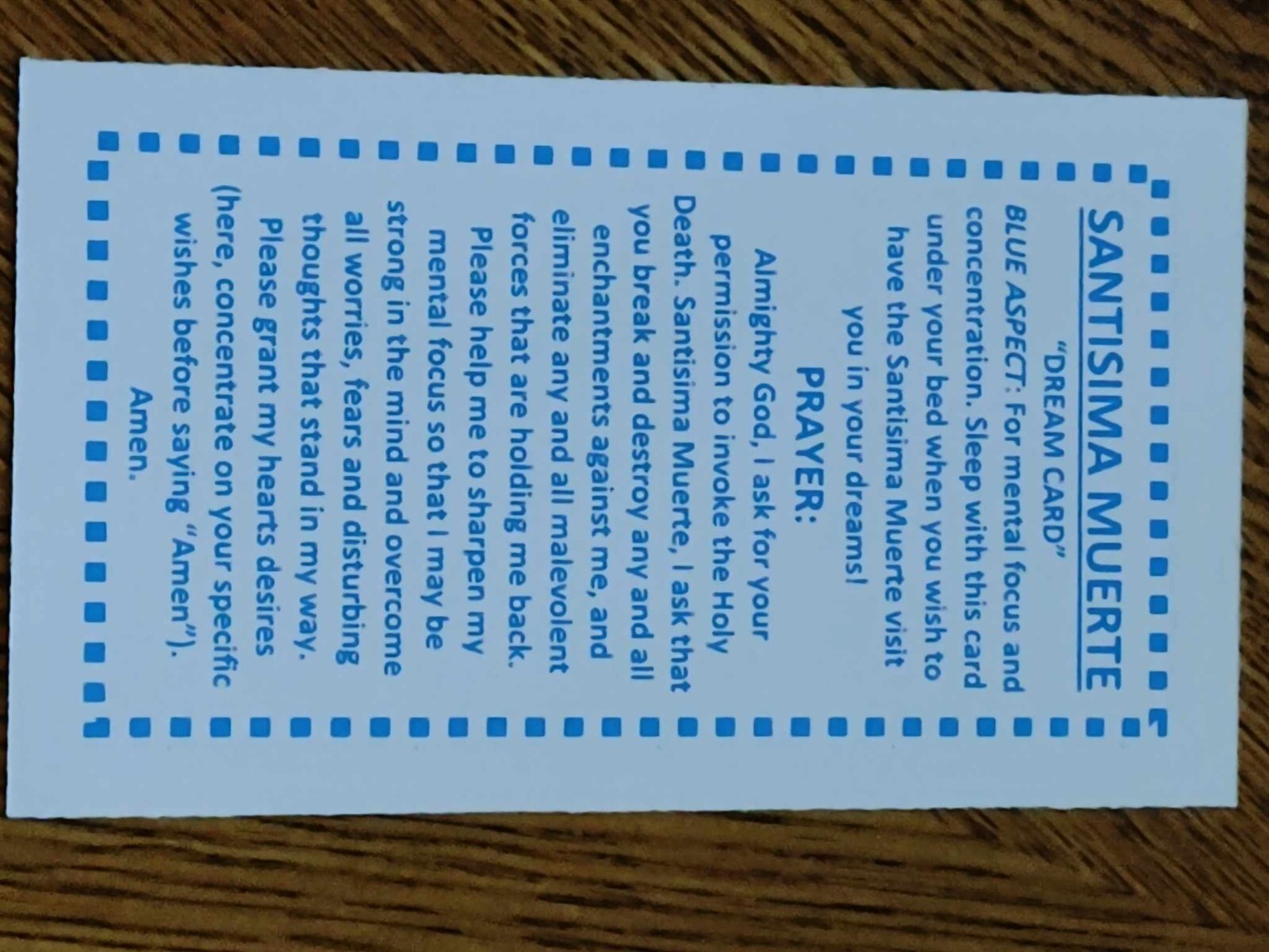 SANTISIMA MUERTE blue aspect PRAYER CARD (dream card) HOLY DEATH santa